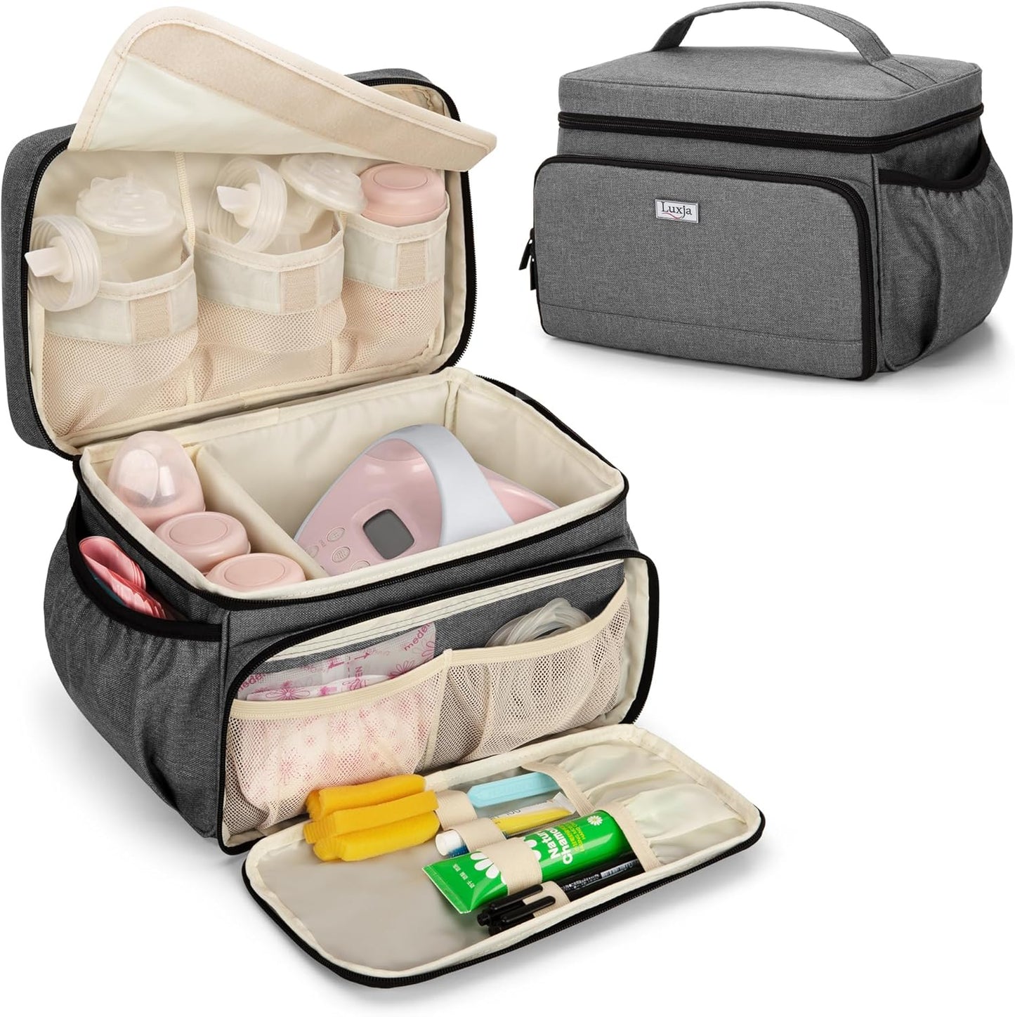 Luxja breast pump bag front view in gray color showing heavy duty travel tote design