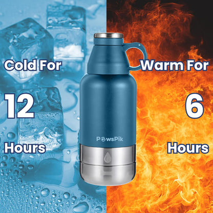PawsPik thirty two ounce pet travel bottle inside its blue carrying sleeve