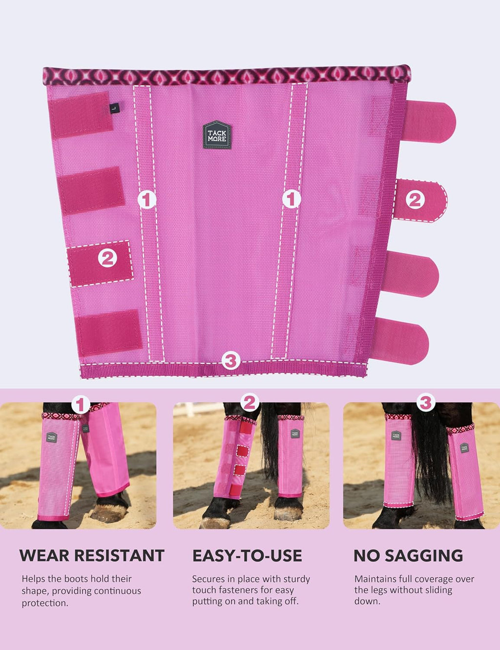 Tackmore equine mesh fly boots with patterned fleece trim