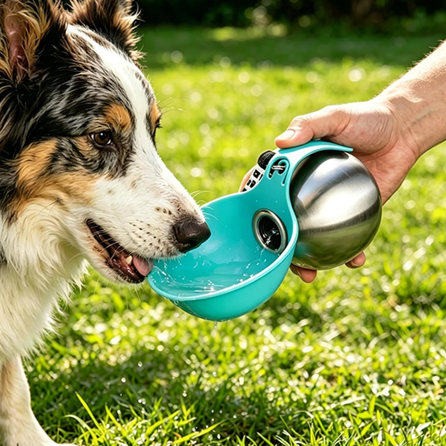 Cxyrna ten-ounce travel pet bottle clipped onto a hiking backpack using a convenient carabiner attachment.