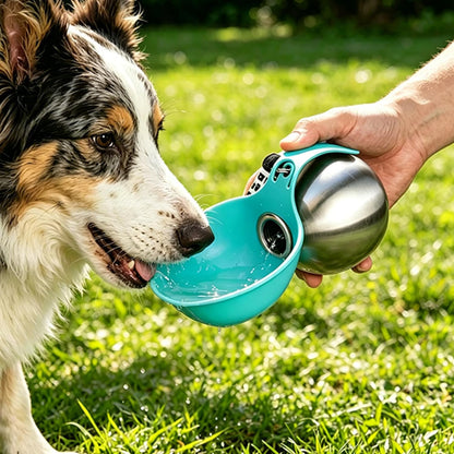 Cxyrna ten-ounce travel pet bottle clipped onto a hiking backpack using a convenient carabiner attachment.