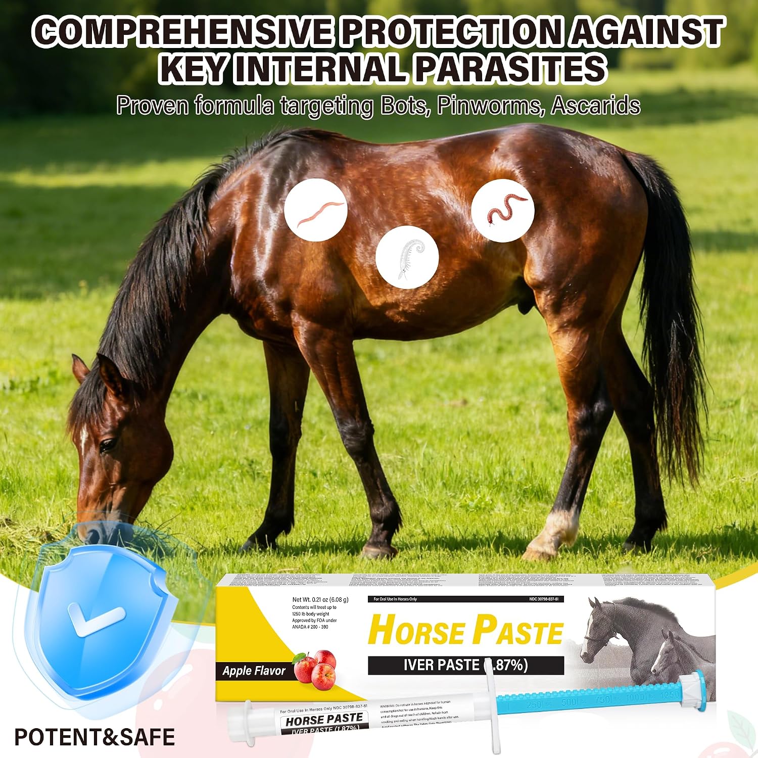 Back of Qouinuey horse paste packaging showing dosage instructions