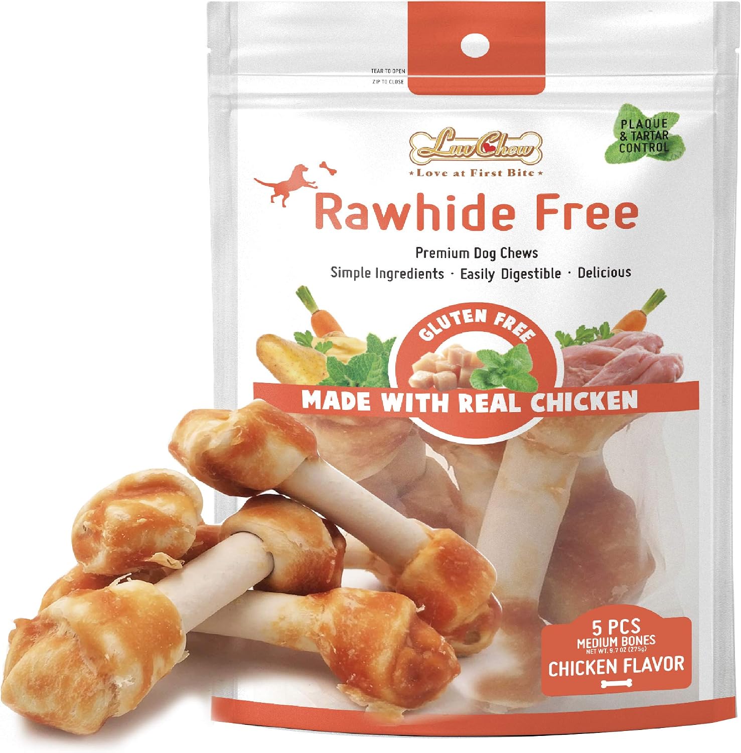 LuvChew Chicken Dog Chew Bones Medium front view of premium pet treats