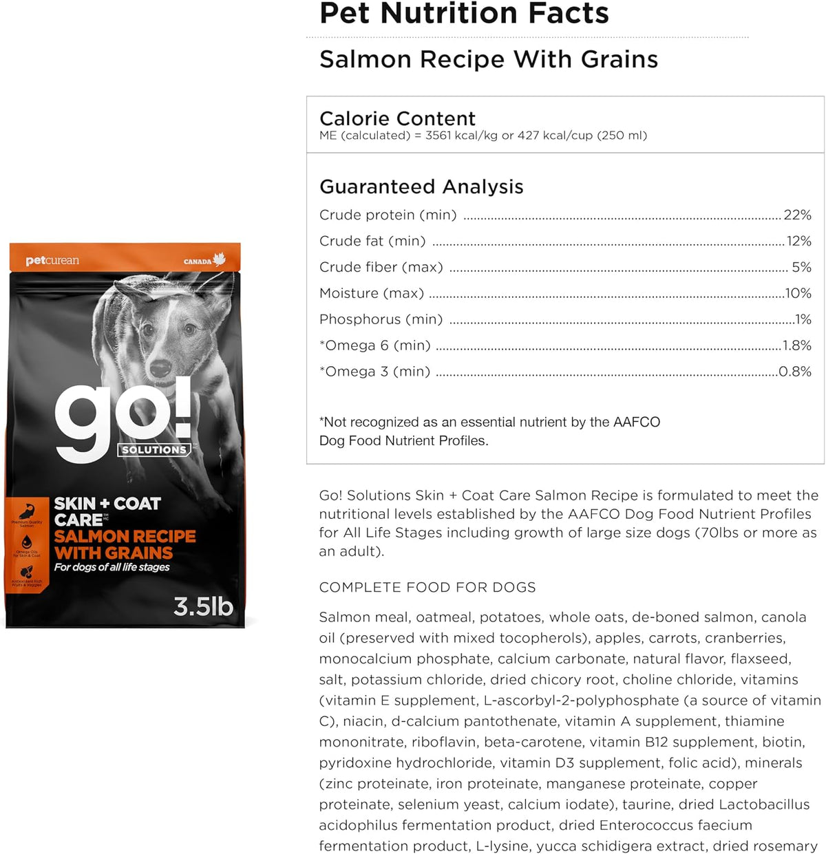 Go! Solutions skin hydration and shiny fur formula dog food bag back view