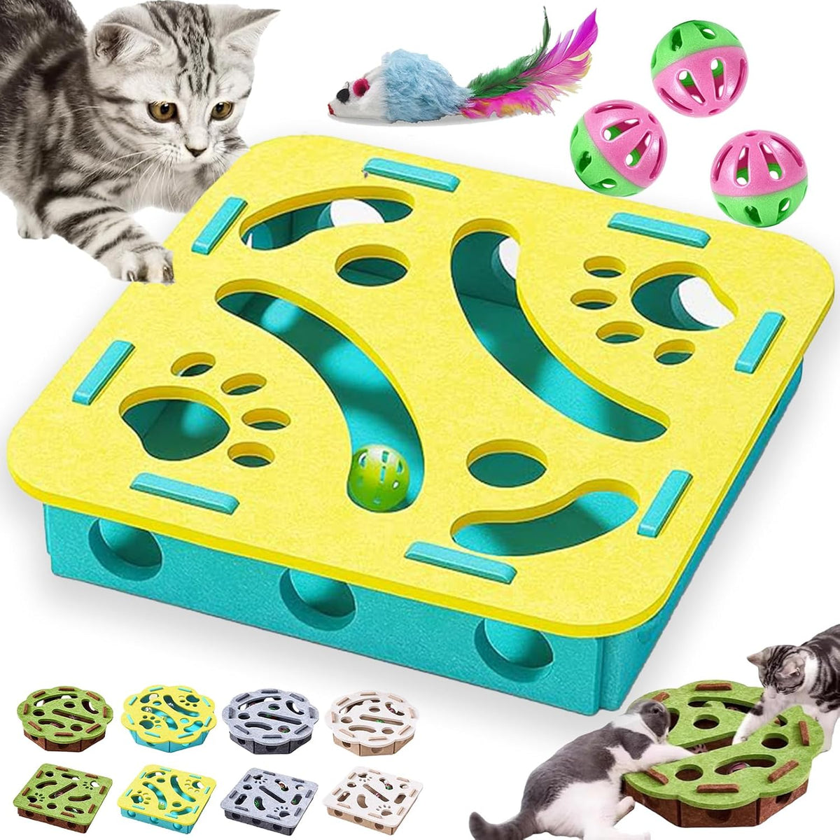 Cat Scratch Puzzle Enrichment Box, Cat Nail File Enrichment Box with Bell, Nail File Stress Free Alternative to Clippers and Grinders, Interactive Cats Puzzle Toy -Bite & Scratch Resistant (StyleA) - Image 15