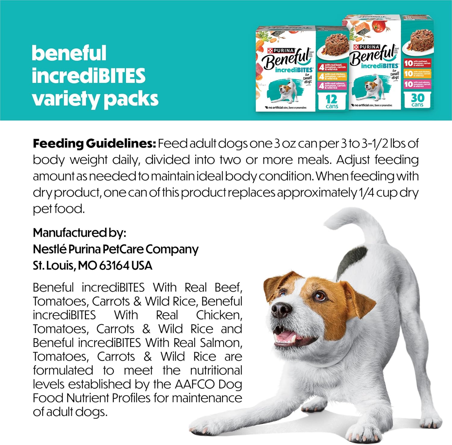 Authentic Beneful IncrediBites three Ounce cans arranged cleanly demonstrating small breed portions.