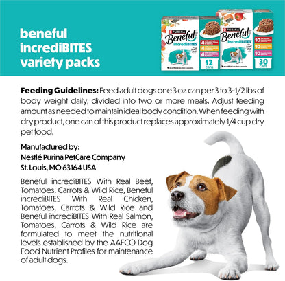 Authentic Beneful IncrediBites three Ounce cans arranged cleanly demonstrating small breed portions.