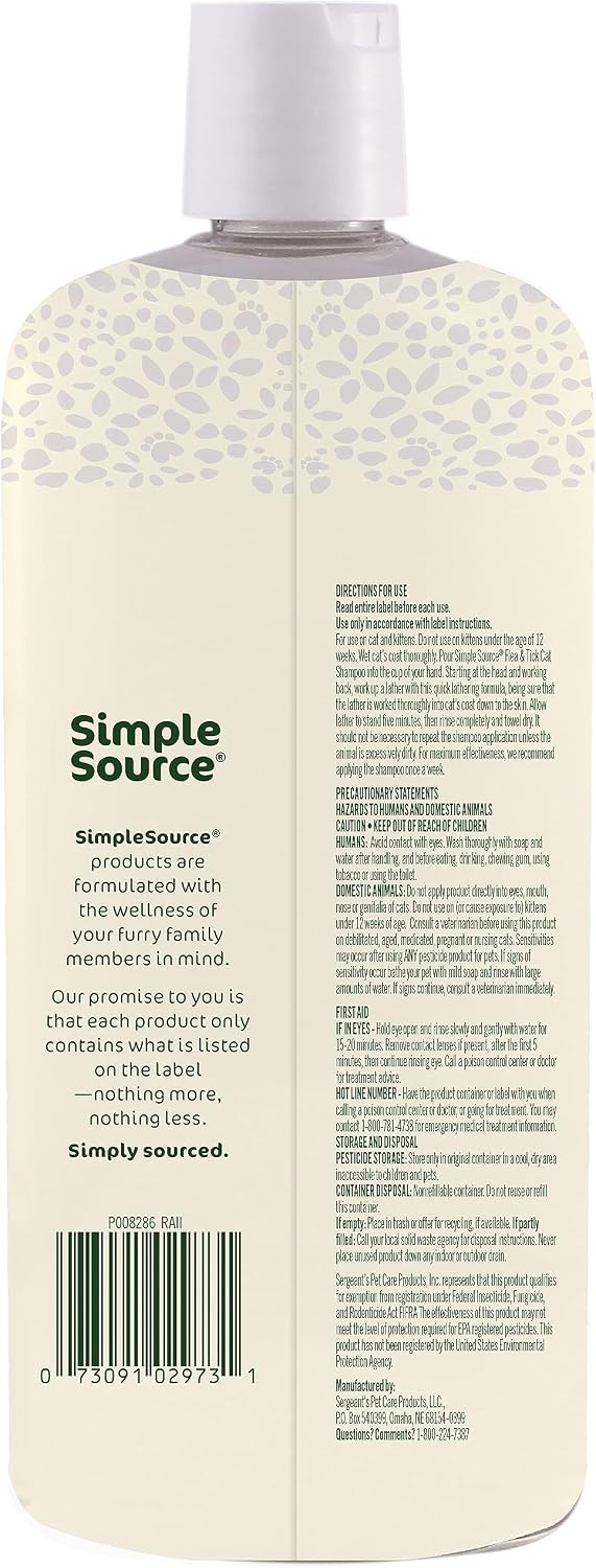 Back label of SimpleSource flea control pet wash displaying usage directions and complete composition details.