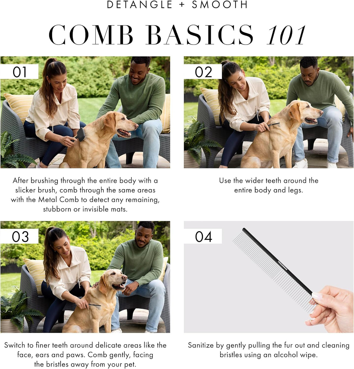 Dog grooming session using Tweezerman stainless steel detangling tool