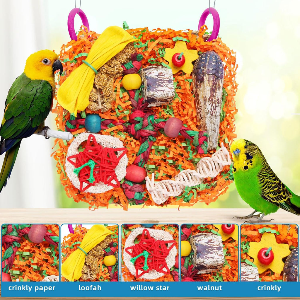 Side angle of the hanging foraging toy inside a bird enclosure.