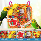 Side angle of the hanging foraging toy inside a bird enclosure.