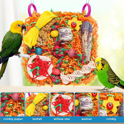 Interactive shredding toy for budgies and cockatiels inside a cage