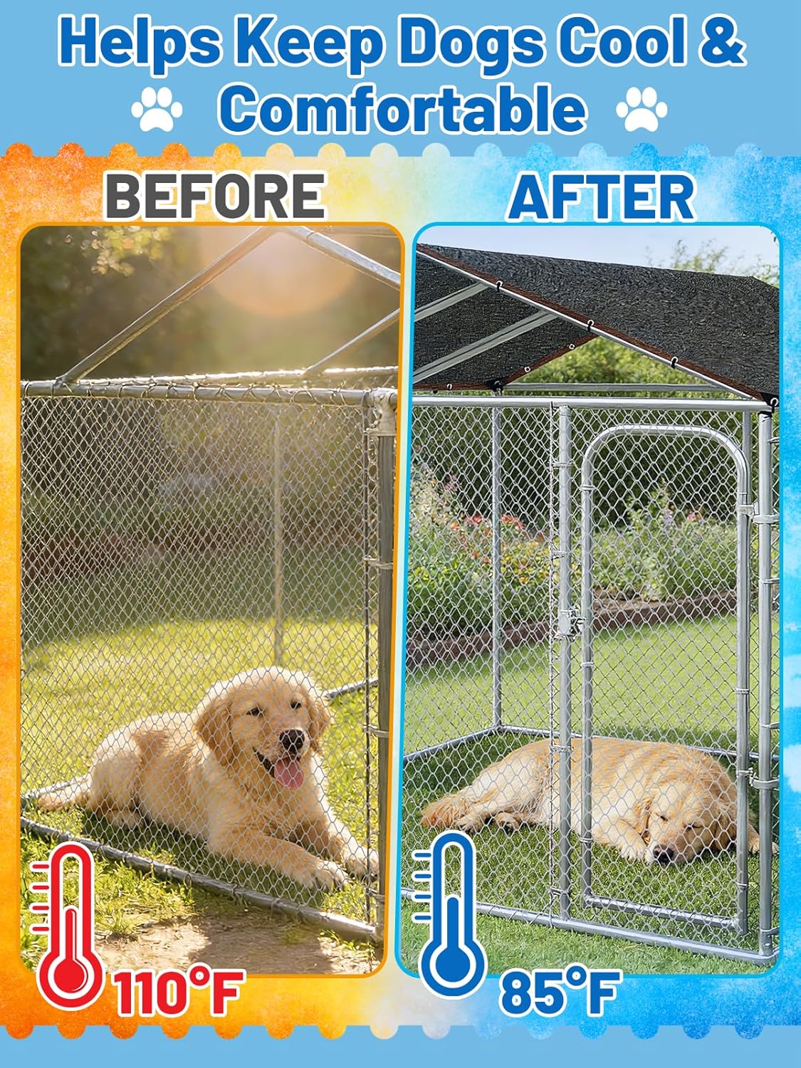 MEWTOGO 10 by 10 feet pet cage sunblock net installed over an outdoor chicken coop for solar heat protection.
