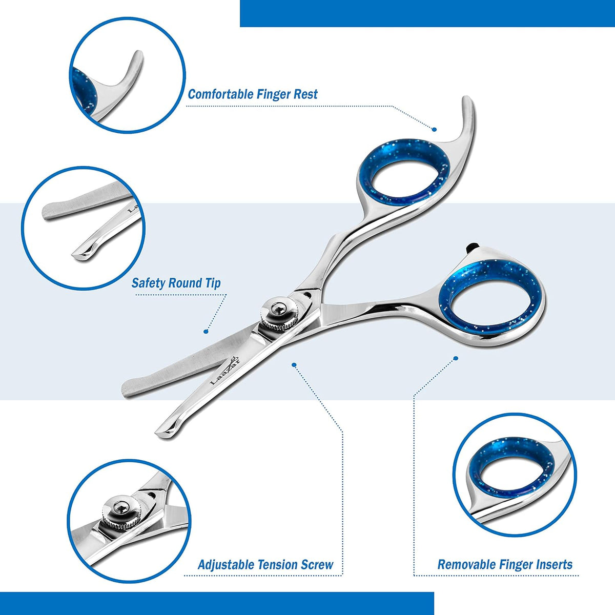 Premium Japanese stainless steel pet shears with blue gel finger inserts