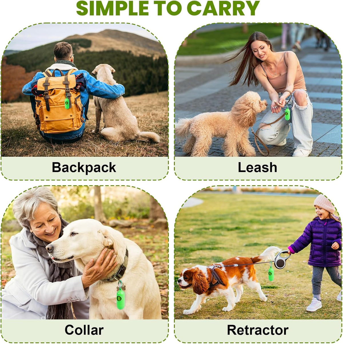 Heavy duty scented doggie poop bags with two green leash dispensers.