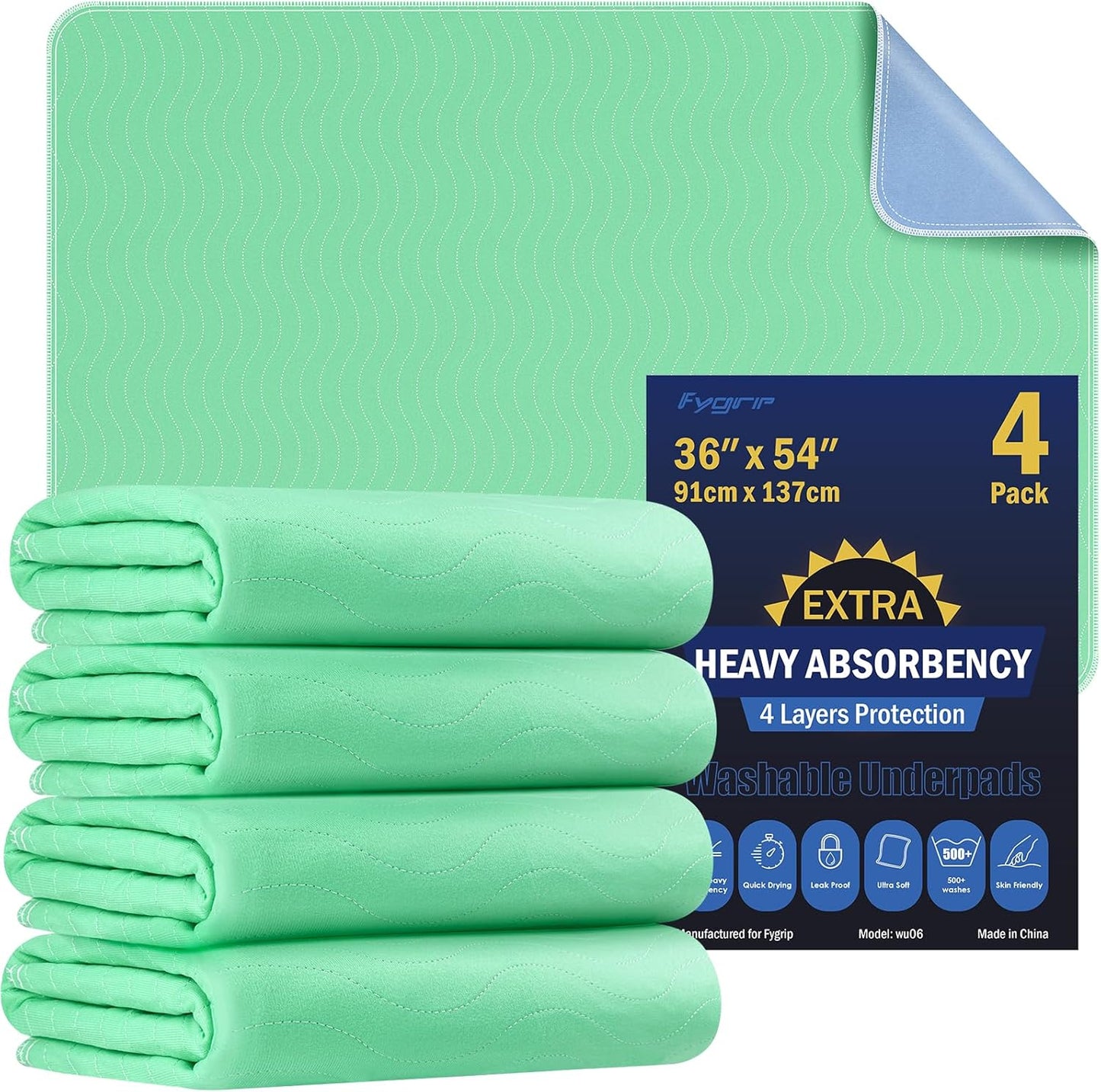 FYGRIP 4 Pack 36" x 36" Extra Heavy Absorbency Washable Underpads, Waterproof Quick Drying Nursing Incontinence Reusable Washable Bed Pee Pads for Dogs, Diaper Changing & Adults, Green - Image 12