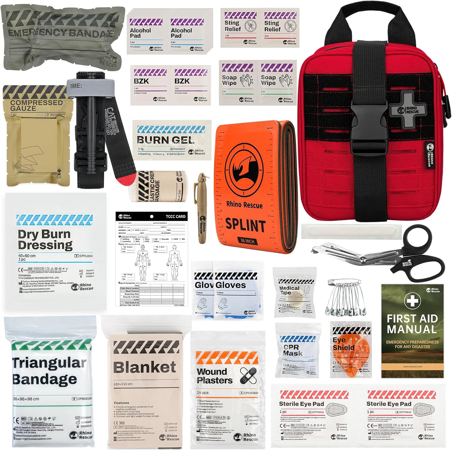 Rhino Rescue IFAK Trauma Kit front view in red tactical pouch