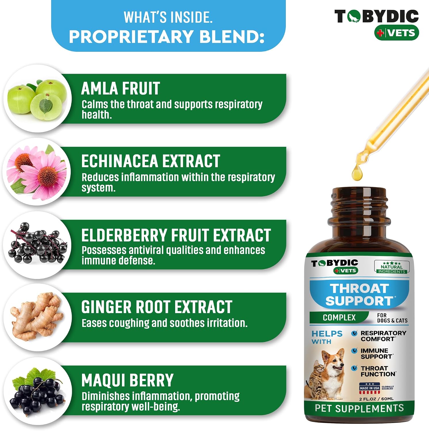 Liquid herbal pet supplement by Tobydic showing weight-based dosage guidelines for dogs and cats.