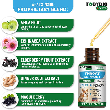 Liquid herbal pet supplement by Tobydic showing weight-based dosage guidelines for dogs and cats.
