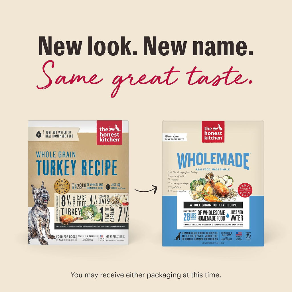 Preparing Honest Kitchen dehydrated turkey recipe dog food by adding warm water.