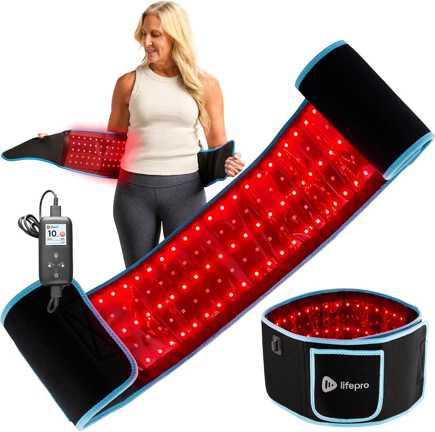 LifePro Allevared red light therapy belt front view displaying active red LED grid for back pain management.