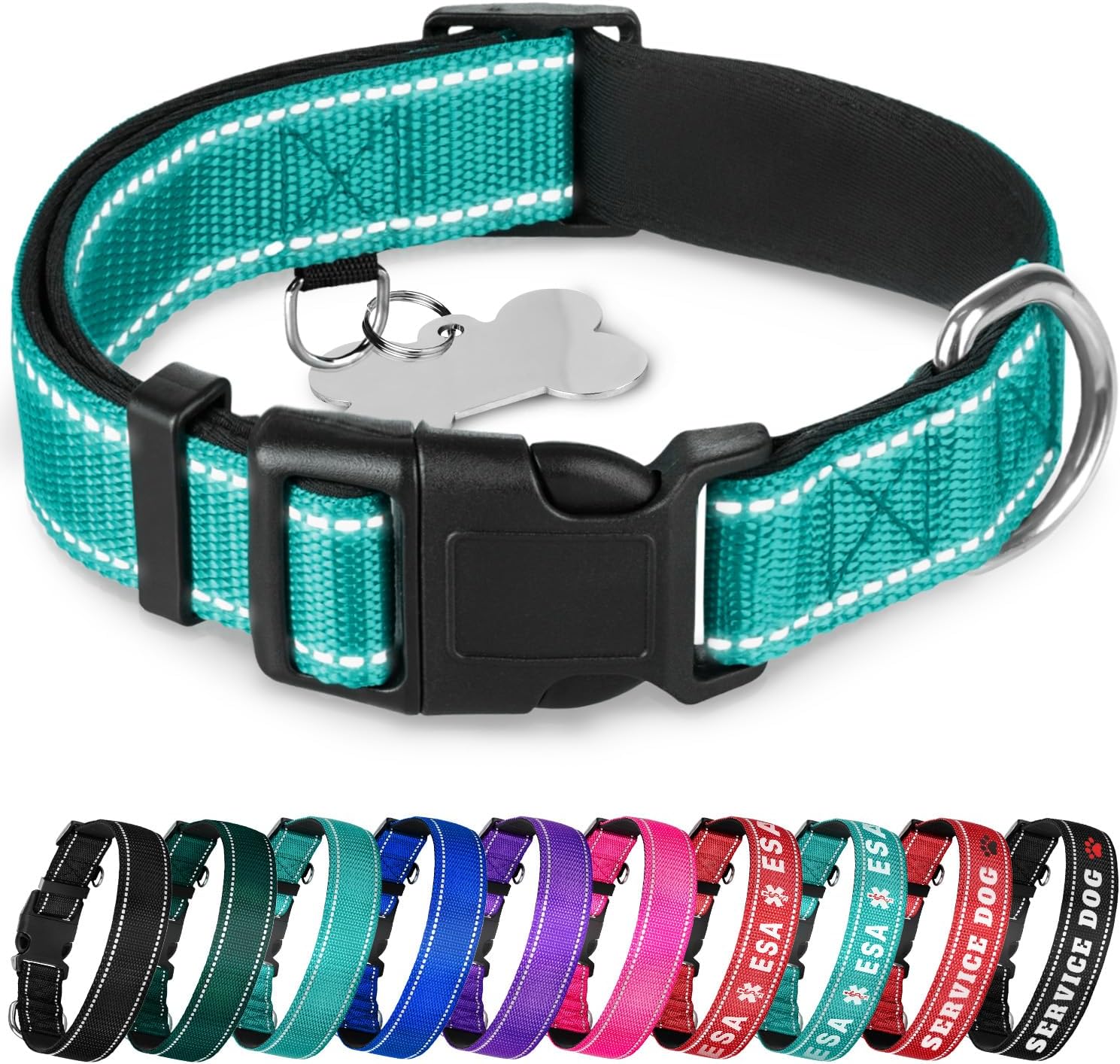 Teceum reflective dog collar aquamarine front view