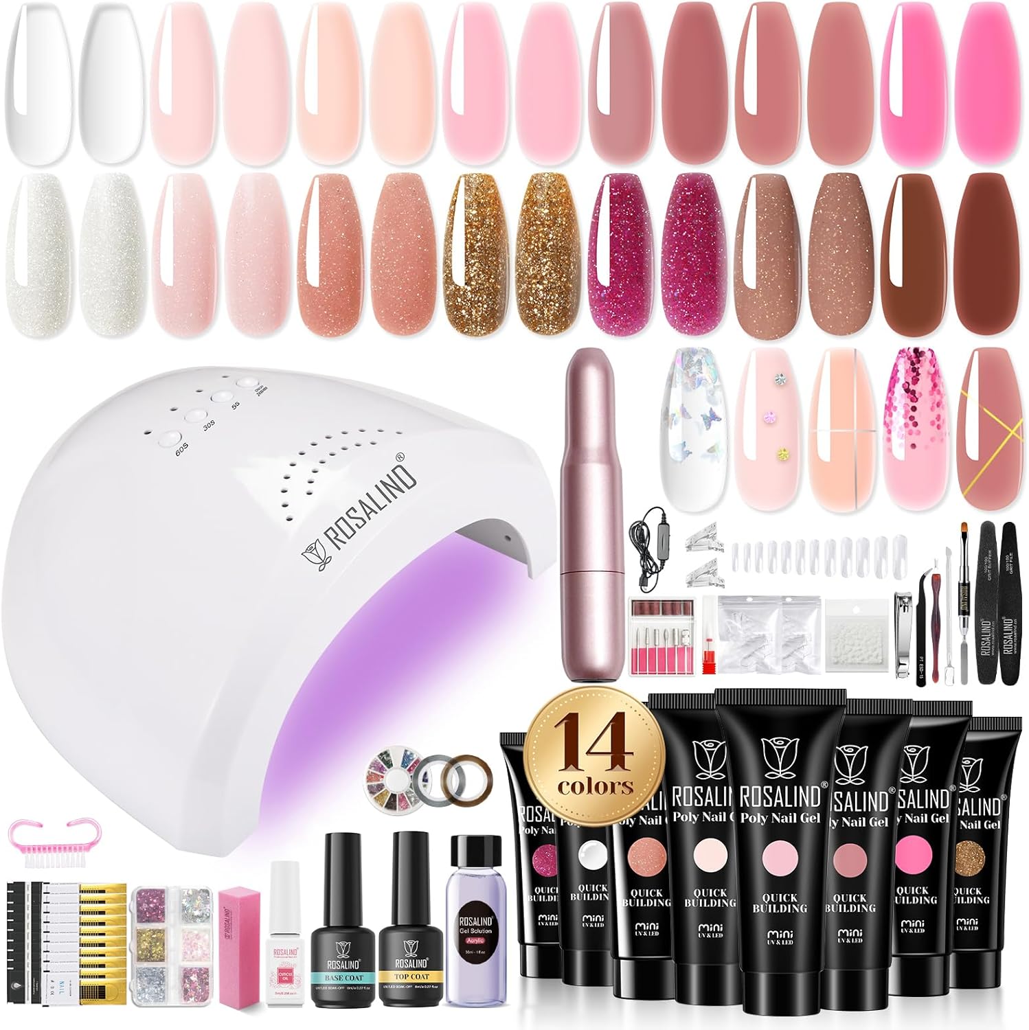 Rosalind poly nail gel kit front view with 14 colors and accessories
