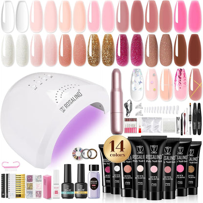 Rosalind poly nail gel kit front view with 14 colors and accessories