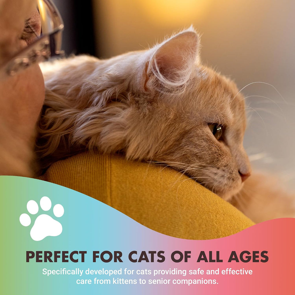 Liquid-Vet 10-in-1 cat supplement bottle with cat in background