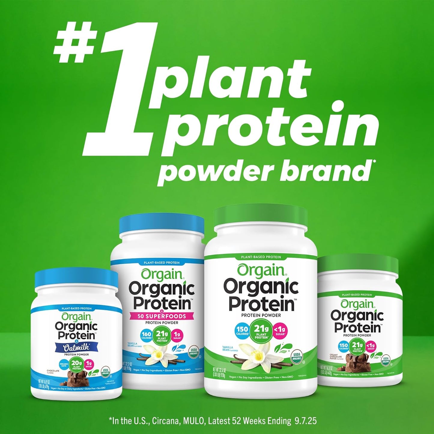 Premium clean ingredient graphics on the Orgain organic plant based protein powder bottle