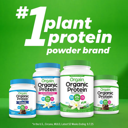 Premium clean ingredient graphics on the Orgain organic plant based protein powder bottle