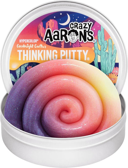 Crazy Aaron's Goodnight Cactus Hypercolor Thinking Putty front view of four inch metal tin