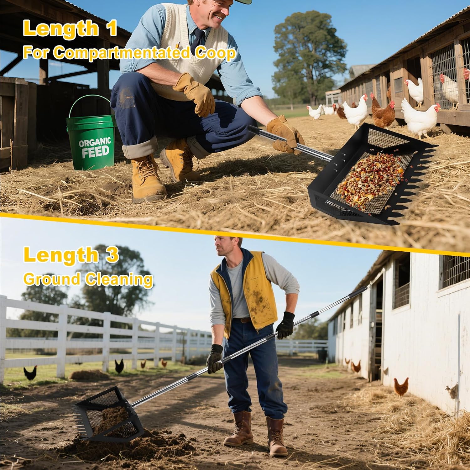 JOYANDRO heavy duty poultry waste rake with integrated sawtooth edges clearing debris.