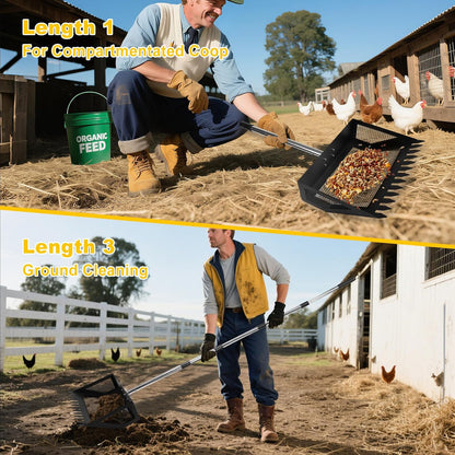 JOYANDRO heavy duty poultry waste rake with integrated sawtooth edges clearing debris.