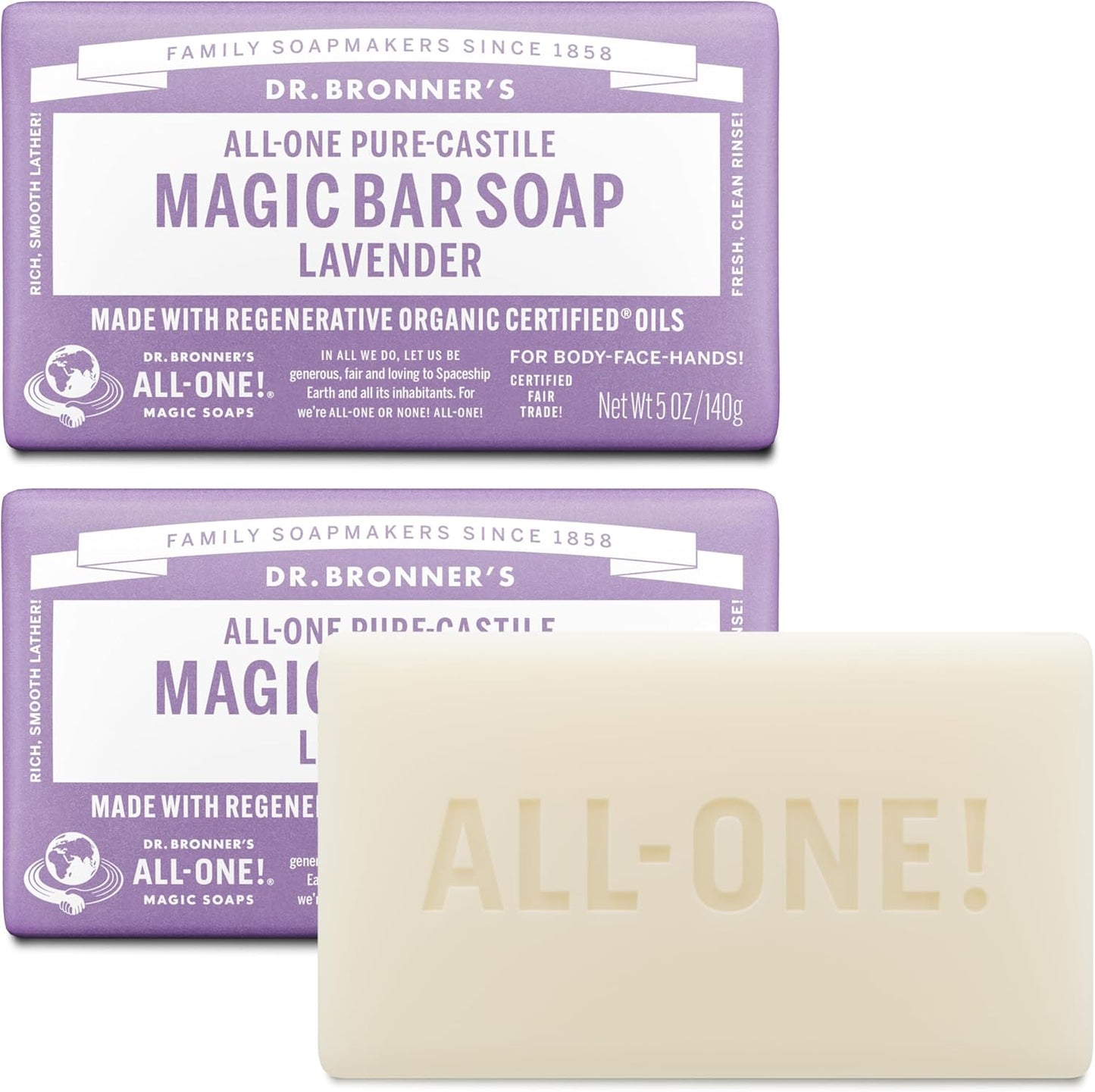 Dr. Bronner's Pure-Castile Magic Bar Soap Lavender packaging front view