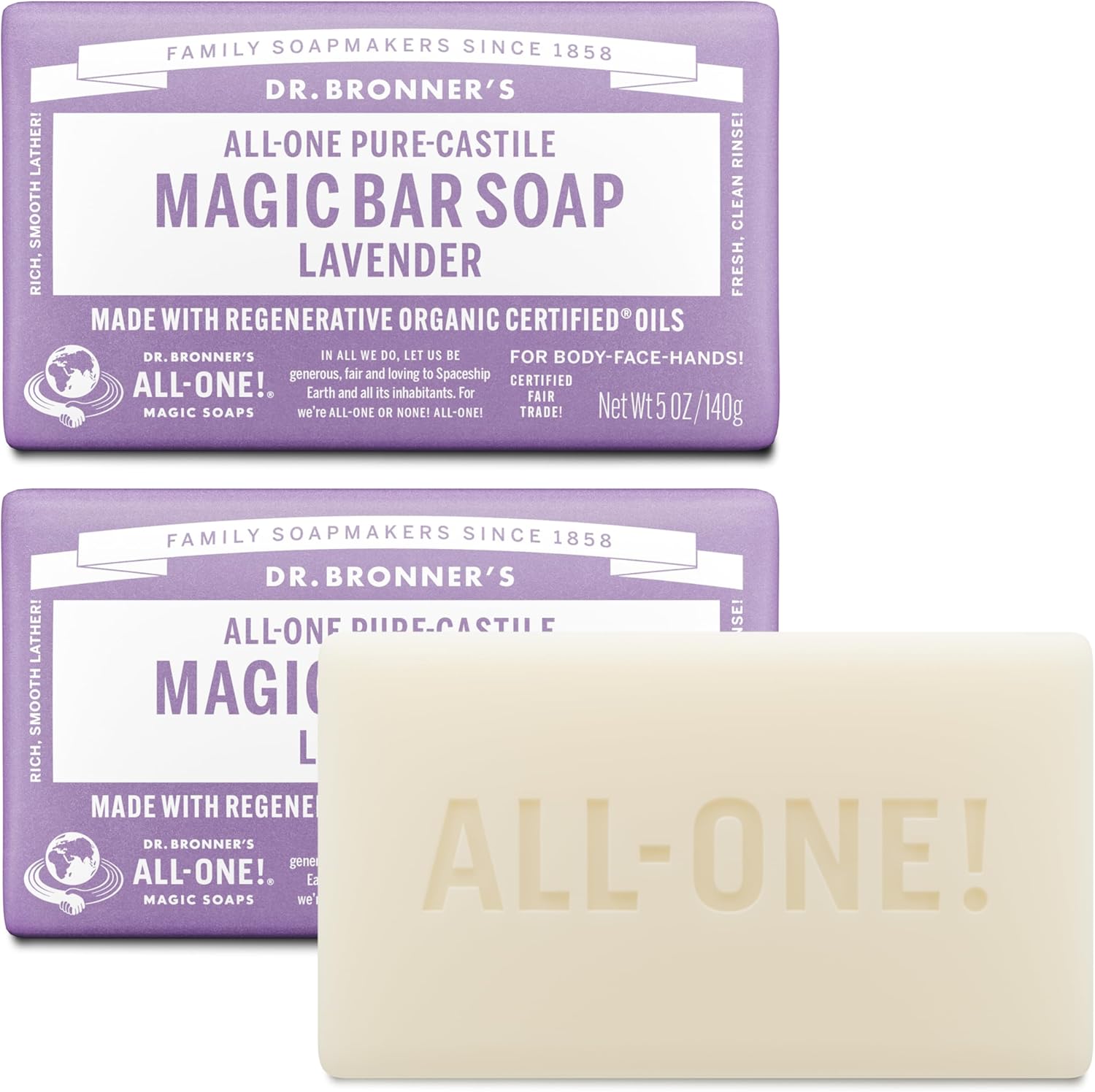Dr. Bronner's Pure-Castile Magic Bar Soap Lavender packaging front view