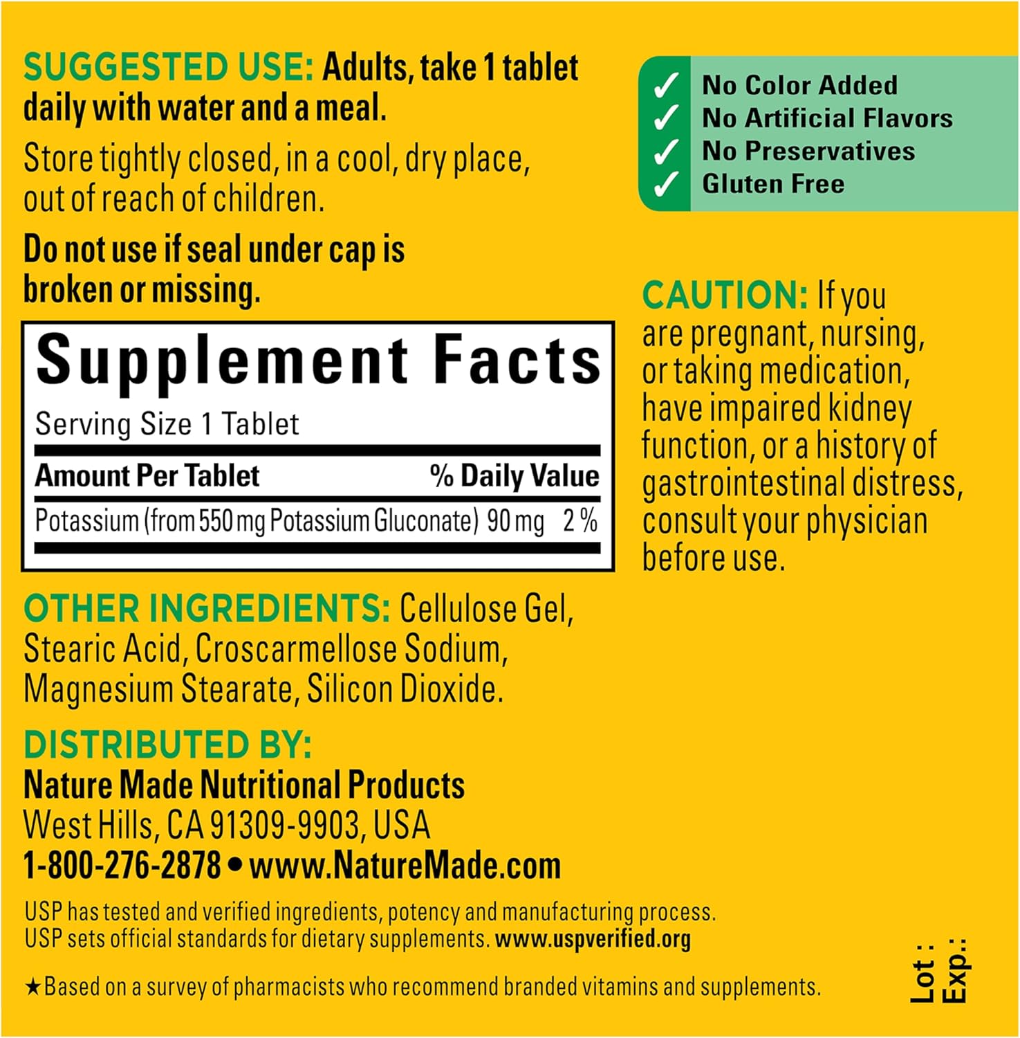 Gluten free certification and USP verified seal on Nature Made potassium bottle