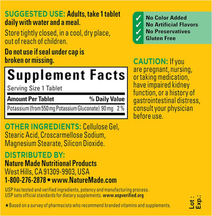 Gluten free certification and USP verified seal on Nature Made potassium bottle