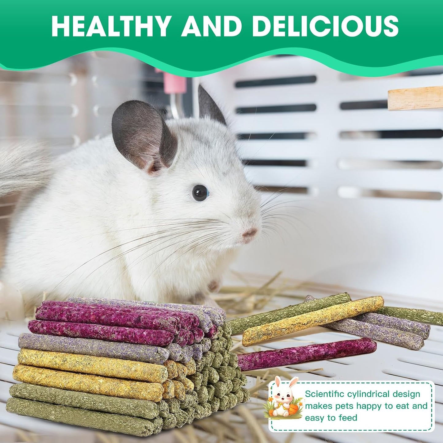 High fiber Jorewood rabbit treats designed to prevent cage chewing behavior.