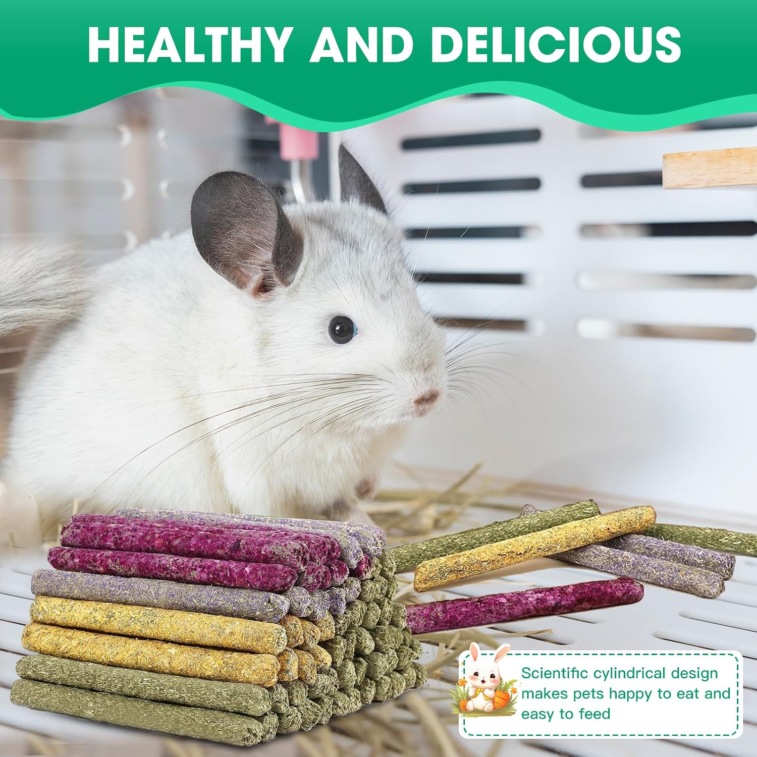High fiber Jorewood rabbit treats designed to prevent cage chewing behavior.