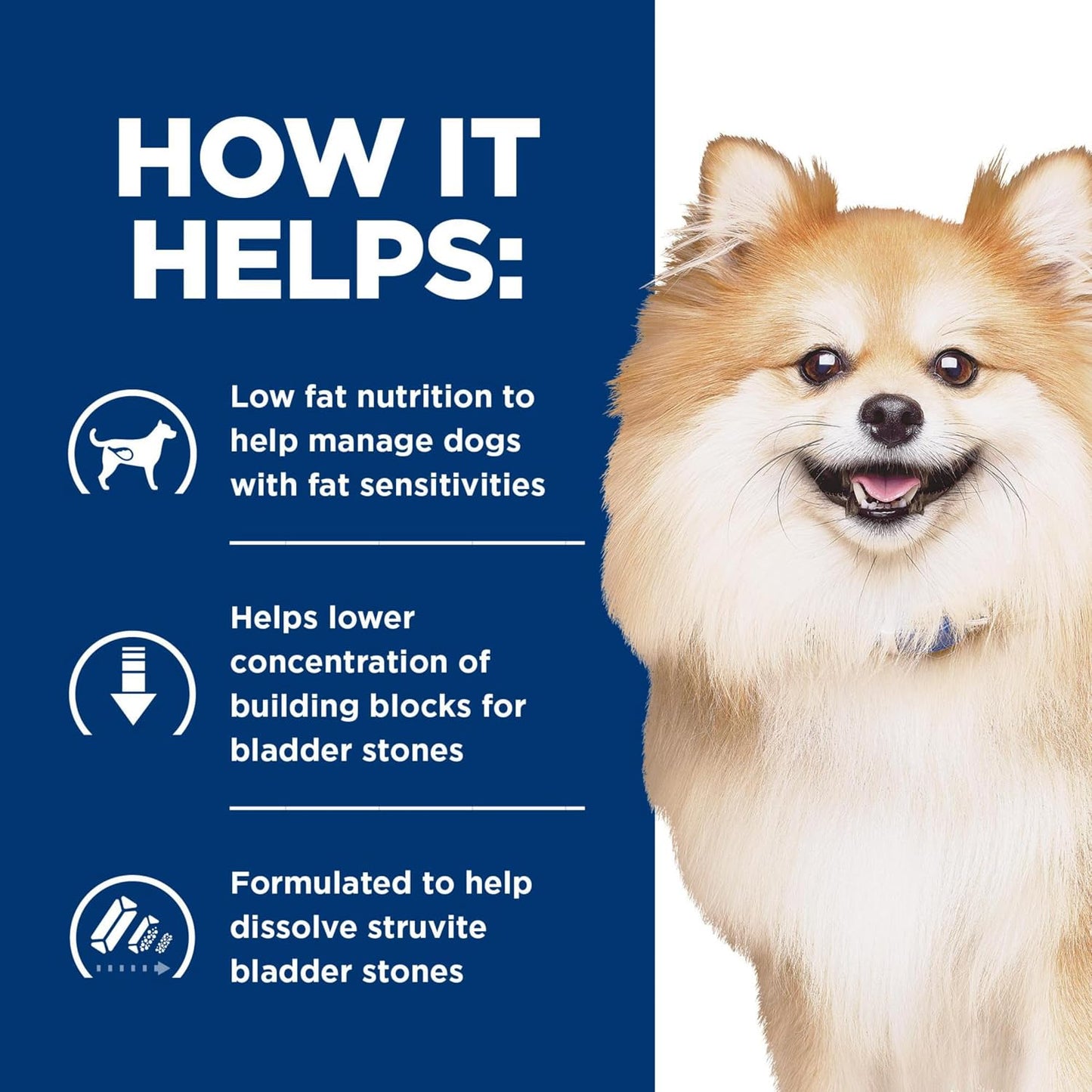 Close up of clinical urinary care dry dog food kibble for adult dogs