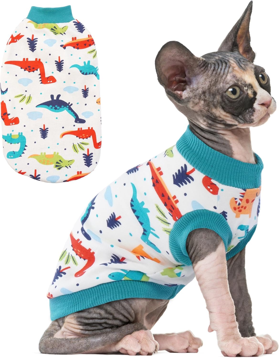 Cat sweater showing stretchy fit on Devon Rex cat