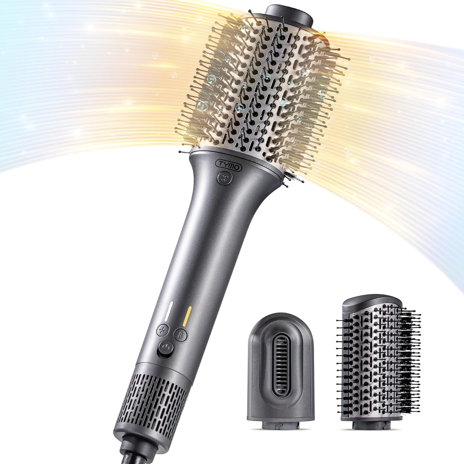 TYMO hair dryer brush multi styler front view with all three interchangeable barrels displayed on a solid background