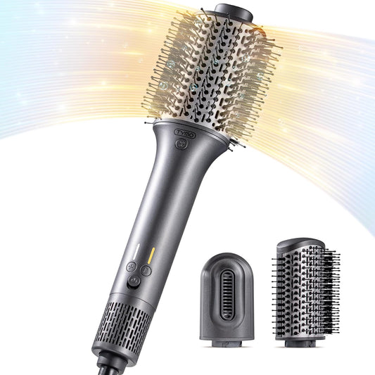 TYMO hair dryer brush multi styler front view with all three interchangeable barrels displayed on a solid background