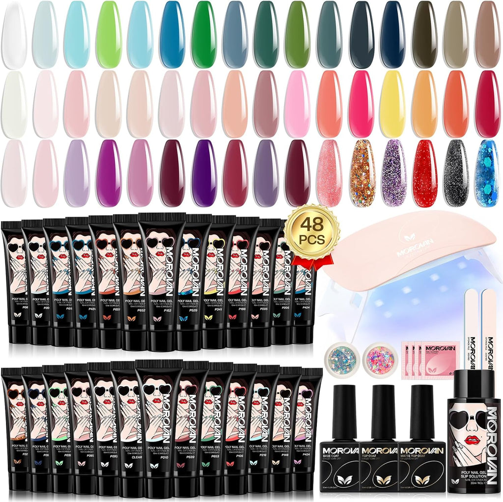 Morovan poly gel nail kit front view showcasing 48 colors box and lamp