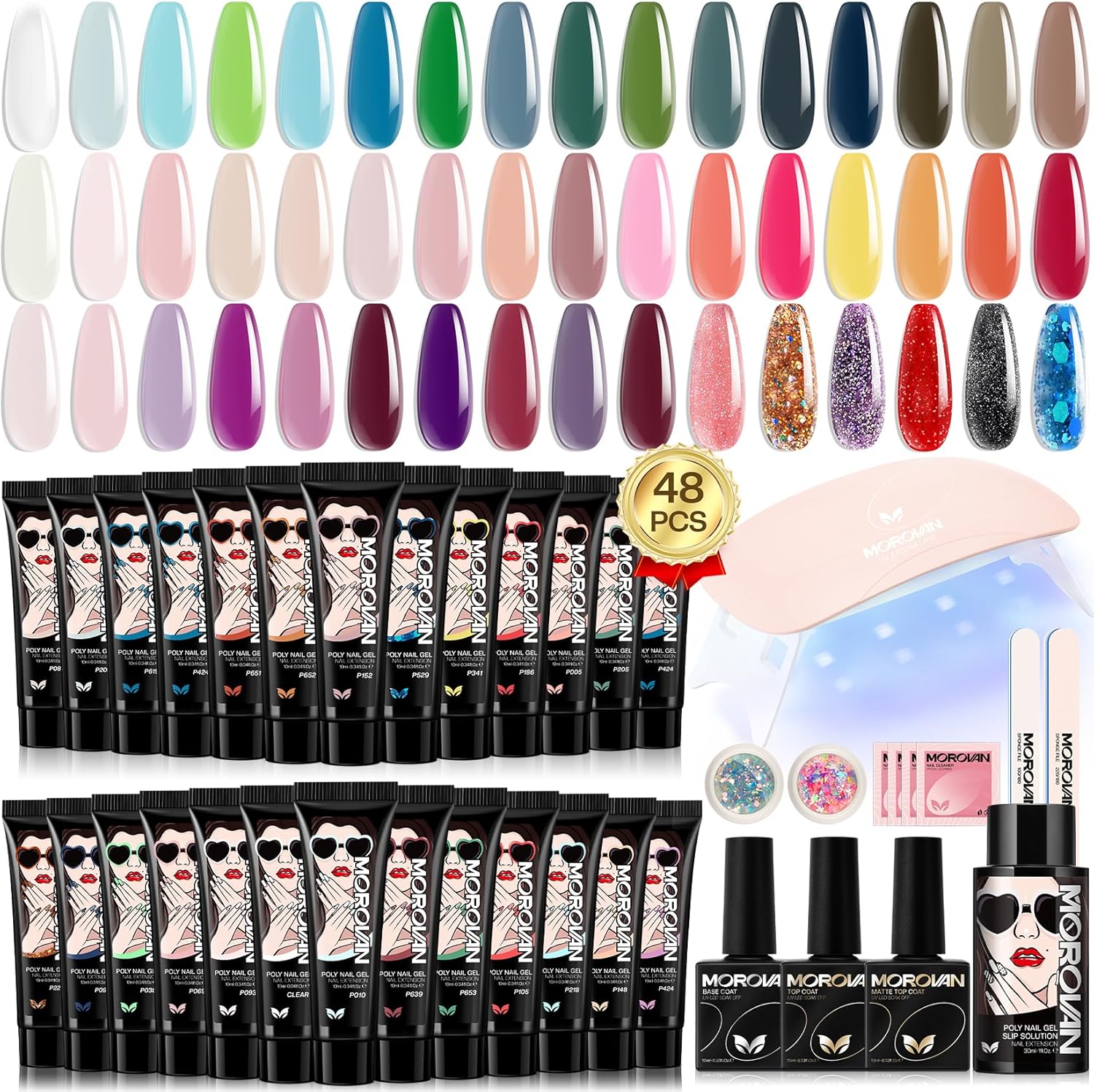 Morovan 48 Colors Poly Gel Nail Kit front view with UV lamp