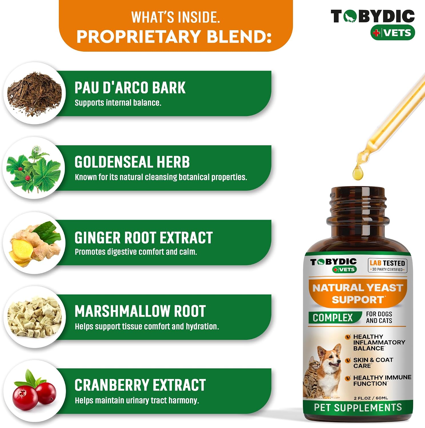 Authentic USA imported Tobydic pet yeast relief supplement packaging detail