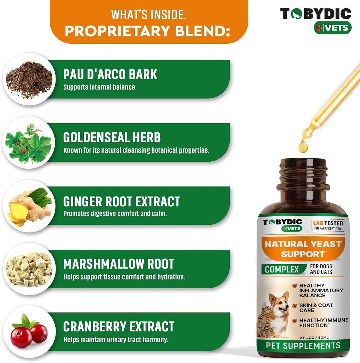 Authentic USA imported Tobydic pet yeast relief supplement packaging detail