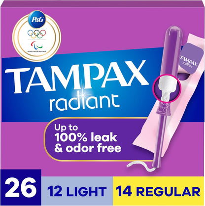 Tampax Radiant Tampons Multipack 26 count front packaging showing light and regular absorbency.