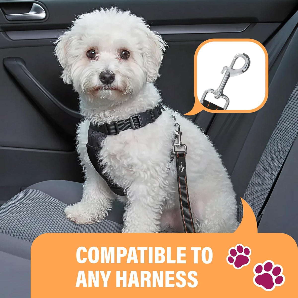 Adjustable nylon dog seat belt shown at full extension